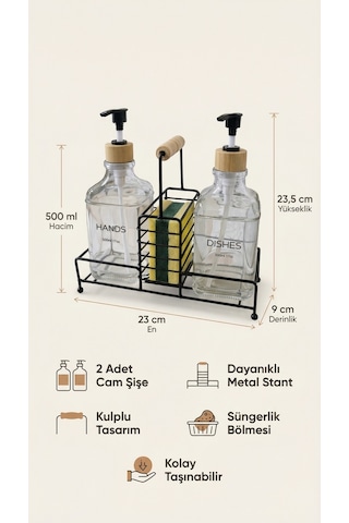 Makri Home Lüks Bambu Kulplu Siyah Metal Stantlı İkili Cam Sıvı Sabunluk 500 Ml, 23x9x23,5 Cm