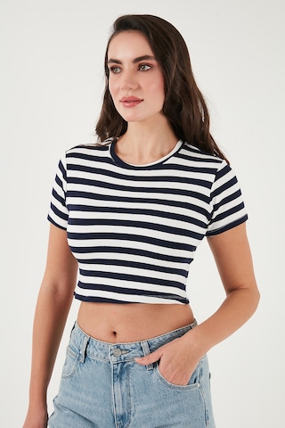 Lela Slim Fit Bisiklet Yaka Çizgili Crop Bayan T Shirt 5866110 Lacivert