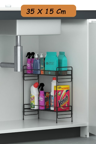 2 Katlı Evye Tezgah Altı Raf Banyo Mutfak Dolabı Çok Amaçlı Düzenleyici Deterjanlık Organizer 35x15 Siyah