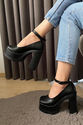 Kadın Siyah Deri Bilekten Bağlamal 12 Cm Platform Topuklu Ayakkabı Siyah