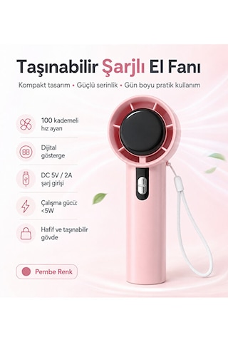 100 Kademeli Hız Ayarlı Şarjlı El Fanı Dijital Göstergeli Taşınabilir Mini Vantilatör Pembe