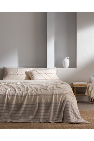 Madame Coco Breville Tek Kişilik Müslin İpliği Boyalı Lastikli Nevresim Takımı - Ekru/lacivert 8684427207475 Çok Renkli