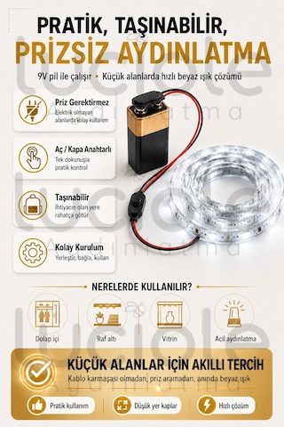 4 Metre Beyaz 9v Pilli Anahtarlı Şerit Led Set Pil Dahil Prizsiz Yapışkanlı Dolap Raf Işığı
