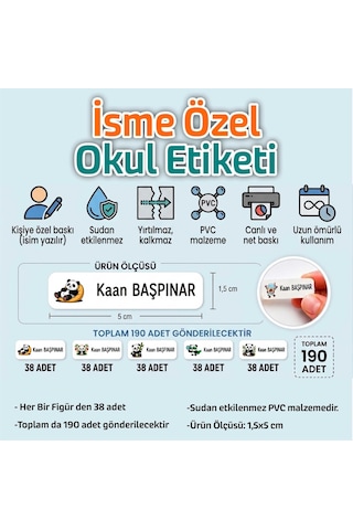 Kapbirhediye Okul Etiketi Isme Özel Kalem Defter Etiketi Panda Temalı 190 Adet Çok Renkli