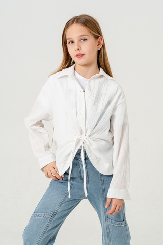 Giyicem Kız Çocuk Önden Bağcıklı Gömlek T-shirt İkili Takım 1801 Beyaz