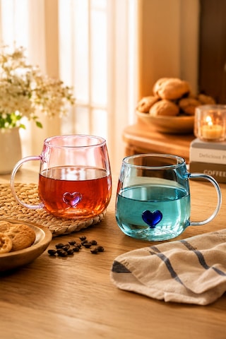 Porsima Pbt-707 Dream Love Hearts - 400ml Romantik Kalp Tasarımlı 2'li Renkli Borosilikat Cam Kupa Seti Şeffaf