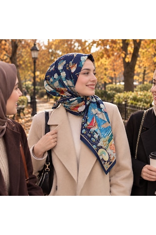 Zer Scarf Okyanus Desen Eşarp/omuz Şalı Lacivert