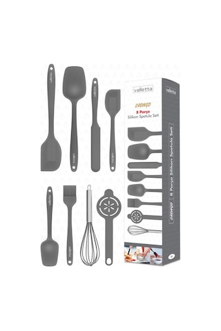 Valletta Drongo Isıya Dayanıklı Yanmaz Yapışmaz Gri Silikon Spatula Seti 8 Parça
