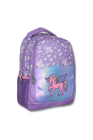 Ümit Çanta Nakışlı Unicorn Kız Çocuk Üç Gözlü Lila Renk Okul Çantası - 5027 Lila