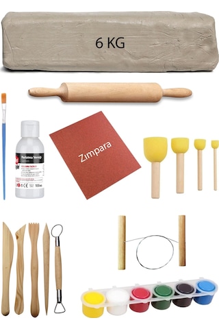 Beyaz Seramik Hamuru 6 Kg Kil Ebeşuar Seti 6x15 Ml Akrilik Set 100 Ml Vernik Ahşap Merdane Zımpara Çok Renkli