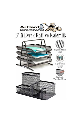 Siyah Metal Evrak Rafı 3 Lü Ve Masaüstü Kalemlik 1 Paket Masaüstü A4 Dosya 3 Katlı Düzenleyici Kağıt Tepsisi Metal Siyah