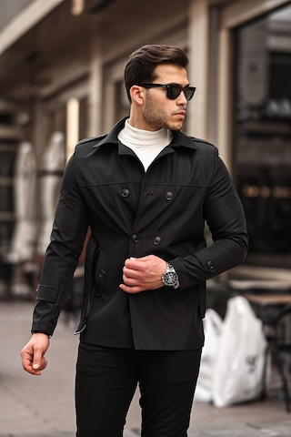 Mero Life Erkek Siyah Mevsimlik Astarlı Kemerli Kruvaze Trençkot Siyah