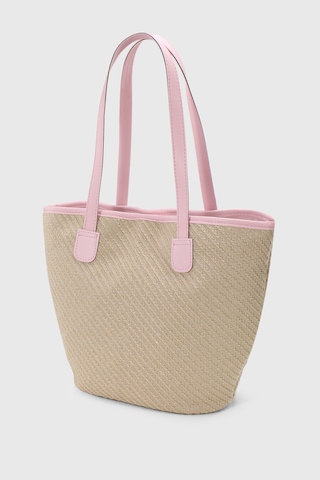 Housebags Doğal Hasır Pembe Deri Askılı Plaj Çantası Hasır Pembe