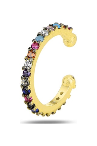 Gümüş Altın Yaldızlı Renkli Taşlı Sıkıştırmalı Kıkırdak Küpe Ear Cuff
