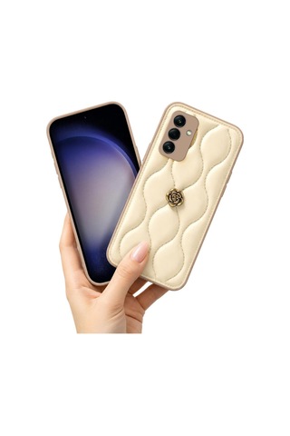 Samsung Galaxy Uyumlu A14 Kılıf Çiçekli Dalgalı Deri Kılıf Bej