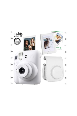 Fujifilm Instax Mini 12 Fotoğraf Makinesi + 10'lu Film Mini Albüm + Deri Kılıf Seti Beyaz