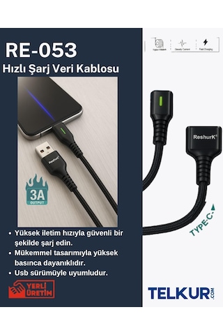 Ferro Reshurk Re-053 Usb-c & Type-c Ledli 1000cm 3a Hızlı Data - Şarj Hasır Kablo