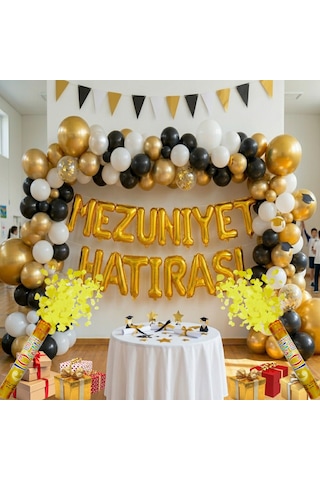 2 Adet Gold Konfeti Hediyeli Mezuniyet Hatırası Gold Folyo Harf Beyaz Siyah Gold Balon Süsleme Altın - Beyaz