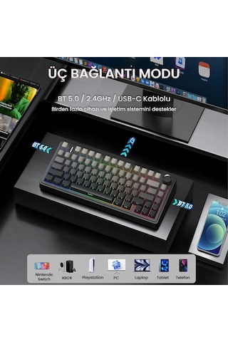 Aula F75 Mekanik Rgb Tkl Reaper Switch Kablosuz Makrolu Hot Swap Klavye Gradyan Gri