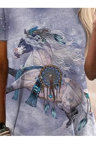 Kadın Kısa Kollu Bisiklet Yaka Salaş Süprem Bluz Desenli