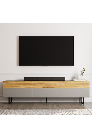 Sign Kapaklı Tv Ünitesi, Tv Sehpası - Metal Ayak - Gri/traverten - Sis Gri/kilim Sis Gri/kilim