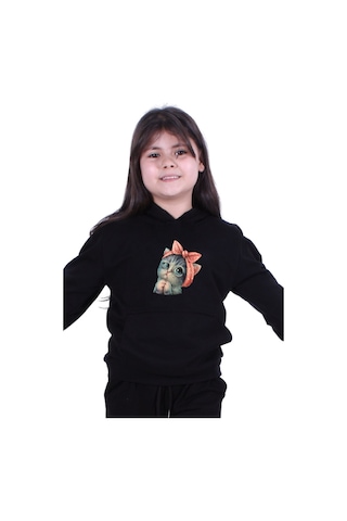 Fyk Kids Kapüşonlu Kedi Baskılı Sweatshirt Siyah