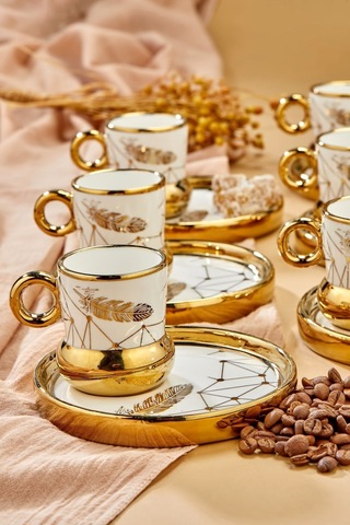 Carmen 6 Kişilik Porselen Tüy Desenli Kahve Fincan Takımı