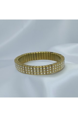 Yeni Sezon Vip Özel Seri Paslanmaz Çelik Esnek 3 Sıra Taşlı Altın Kaplama Kadın Bileklik Gold