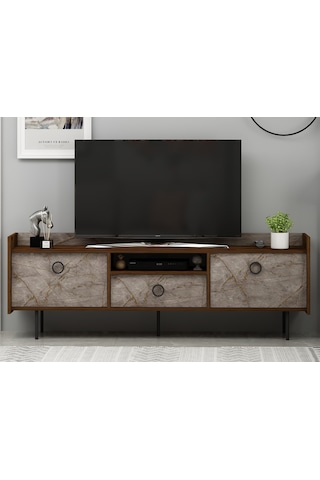 T0015 Lidya Kapaklı, Açık Raflı Tv Sehpası - Gordion Mermer/ceviz Gordion Mermer/ceviz