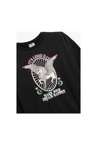 Koton Kız Çocuk Sweatshirt Unicorn Baskılı Uzun Kollu Bisiklet Yaka Şardonlu Siyah