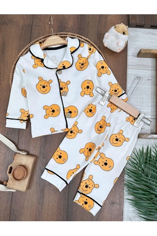 %100 Pamuk Yumuşak Doku Ayıcık Baskılı Mevsimlik Bebek Ve Çocuk Pijama Takımı 4bb2 Beyaz