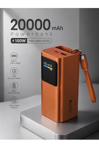 20000mah 100w Hızlı Şarj Powerbank Akıllı Dijital Ekran Type-c Kablolu Usb Type-c Girişli Turuncu