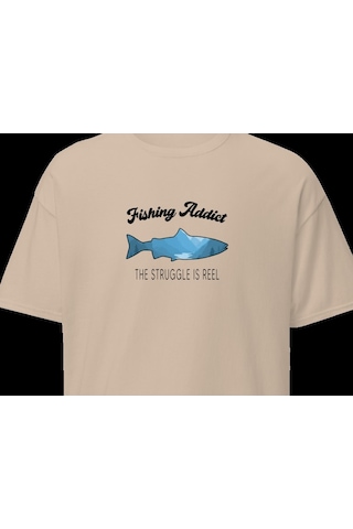 Wildstyle Fishing Addict Struggle Is Reel Balıkçılık Esprili Baskılı Unisex Bisiklet Yaka Pamuklu Tişört Camel