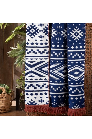 Sarev Etno Lacivert Çift Kişilik Pamuklu Battaniye 200 220 Cm Lacivert