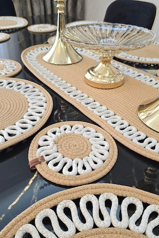 8 Li Supla 8'li Çayaltı 1 Runner 1 Kapaklı Örgü Ekmek Sepeti Bej Krem Desenli Sunumluk Set Bej
