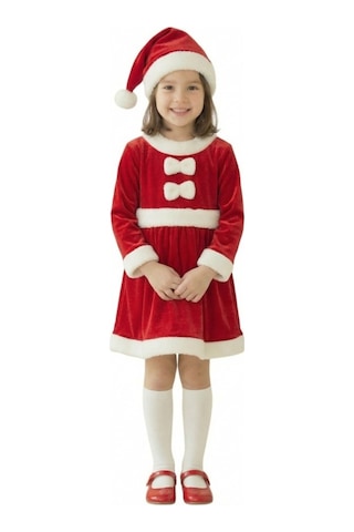 Kadife Kumaş Fiyonklu Noel Anne Kostümü