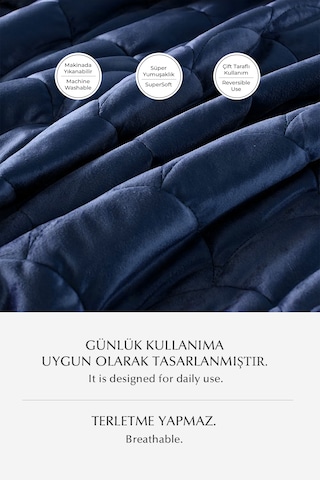 Shane Kadife Yatak Örtüsü Seti Tek Kişilik 2 Parça Kapitone Supersoft Yumuşak Elyaf Dolgulu Lacivert