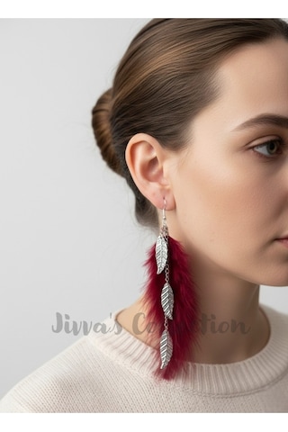 Bohem Bordo Tüy & Yaprak Figürlü Uzun Sallantılı Küpe. Modern Boho Vintage Stil