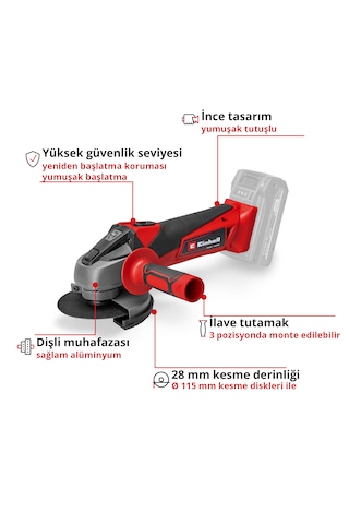 Einhell TC-AG 18/115 Li, Akülü Avuç Taşlama Seti (4,0 Ah Akü ve Şarj Cihazı, Kesici Disk Dahildir)