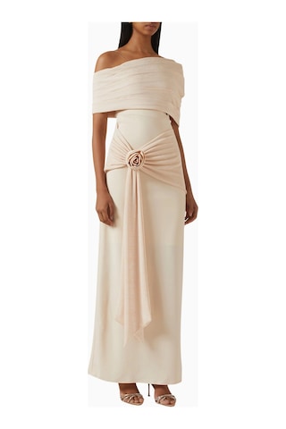 Ac By Aanchal Chanda Off - Shoulder Rose Drape Gül Drapeli Omuz Dekolteli Uzun Kadın Elbise Bej