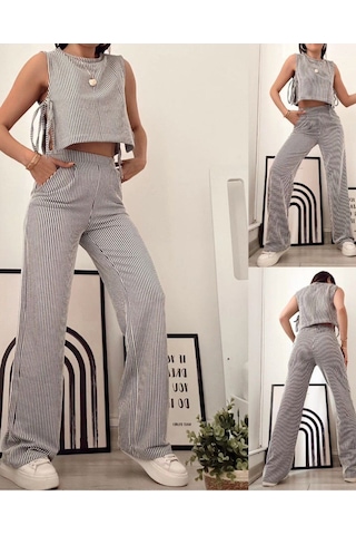 Hgfashion Siyah Çizgili Yandan Bağlamalı Sıfır Kol Crop Pantolon Kadın Alt-üst Takımı Siyah Beyaz