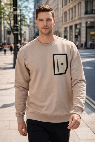 Remsa Erkek Fermuar Detay Bisiklet Yaka Pamuklu Sweatshirt 24722 Bej Bej