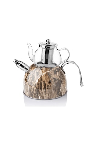 Nishev Mermer Düdüklü Çelik Cam Çaydanlık Takımı Kahve Kahve