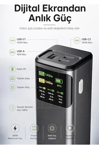 Exenar - Siyah - 24000mah 200w Powerbank 140w Usb-c Çıkış Dijital Ekran 3 Port Laptop Telefon Taşınabilir Şarj Cihazı