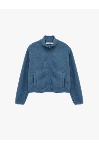 Koton Dik Yaka Uzun Kollu Cepli Fermuarlı Oversize Peluş Bomber Ceket Mavi 6wmg60027ık