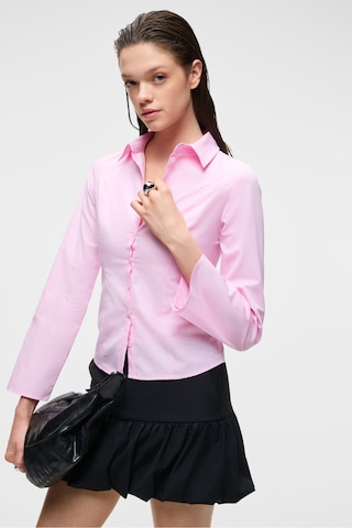 GRINNE Kadın Slim Gömlek Yaka Uzun Kollu İnce Uzun Pembe Gömlek
