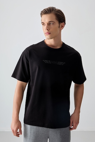 Air Jones Tommy Life Siyah Pamuklu Kalın Yumuşak Dokulu Oversize Fit Baskılı Erkek T-shirt - 88374 Siyah