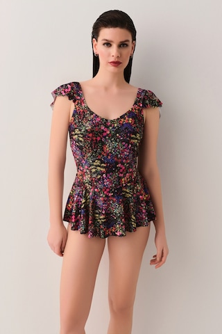 Suwen Garden Etekli Mayo Sb2519511061106 Siyah Çiçek Desenli