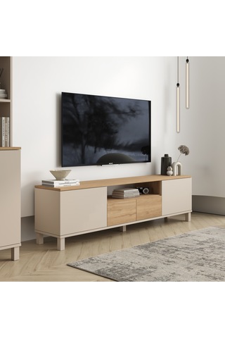 Robin Home Urban Tv Ünitesi Sehpası 2 Kapaklı 2 Çekmeceli Ahşap Ayaklı 180cm Kumsal-sepet Bej