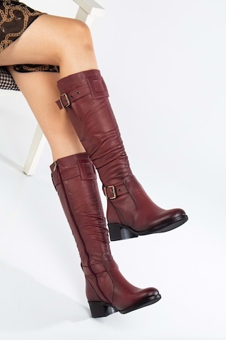 Analin Shoes Kadın Hakiki Deri Körüklü Ayarlanabilir Tokalı Çizme Bordo